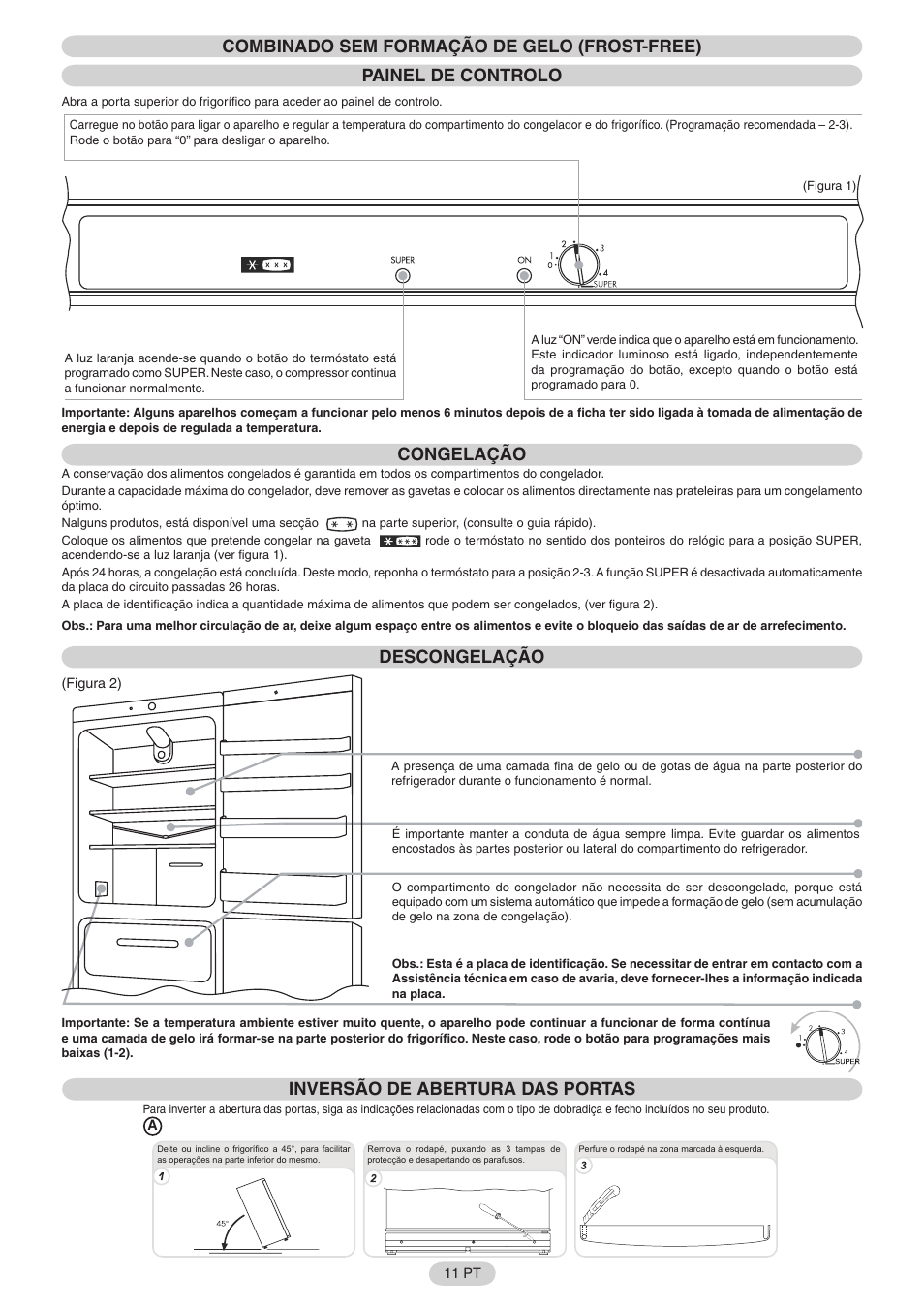 Congelação, Descongelação, Inversão de abertura das portas | Candy FR CFNF 3975 User Manual | Page 12 / 32