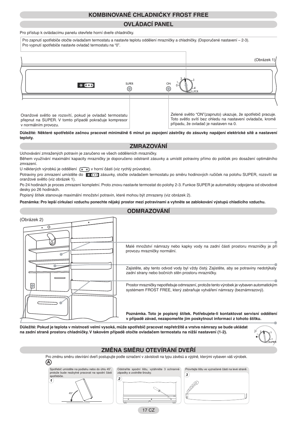 Kombinované chladnićky frost free ovládací panel, Zmrazování, Odmrazování | Změna směru otevírání dveří | Candy FR CFNF 3975 User Manual | Page 18 / 32