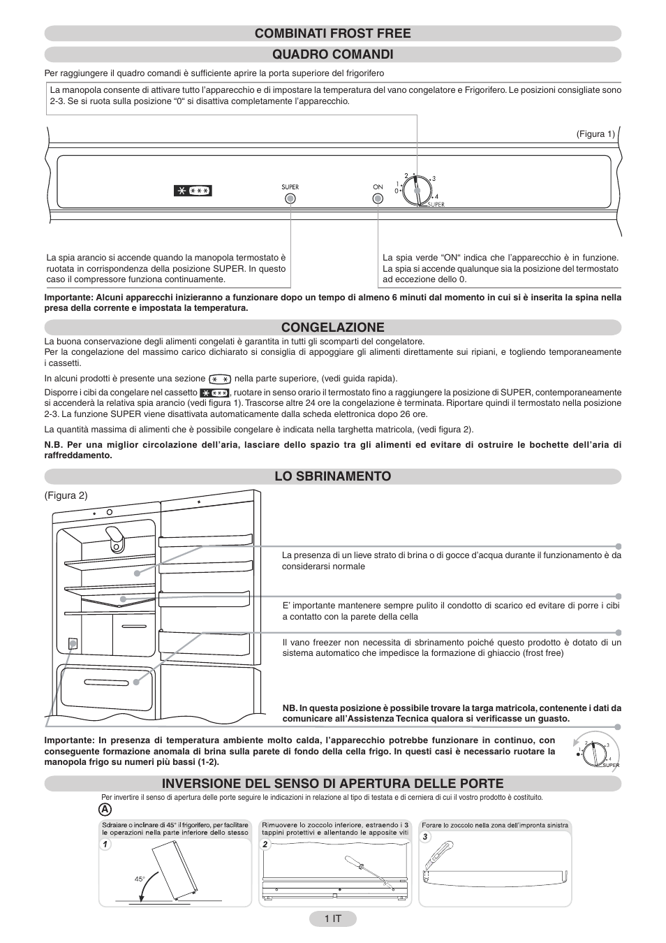 Combinati frost free quadro comandi, Congelazione, Lo sbrinamento | Inversione del senso di apertura delle porte | Candy FR CFNF 3975 User Manual | Page 2 / 32
