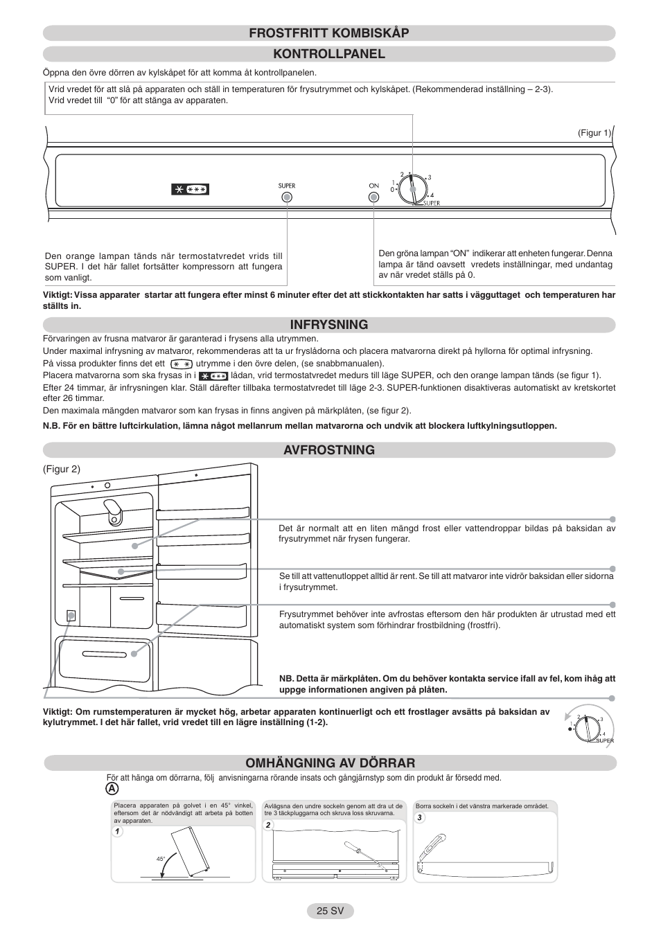 Frostfritt kombiskåp kontrollpanel, Infrysning, Avfrostning | Omhängning av dörrar | Candy FR CFNF 3975 User Manual | Page 26 / 32