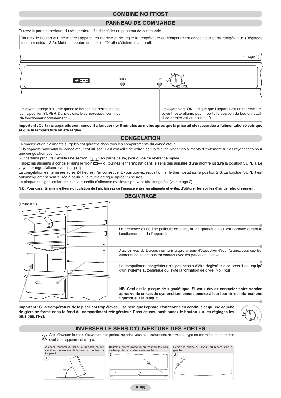 Combine no frost panneau de commande, Congelation, Degivrage | Inverser le sens d‘ouverture des portes | Candy FR CFNF 3975 User Manual | Page 6 / 32