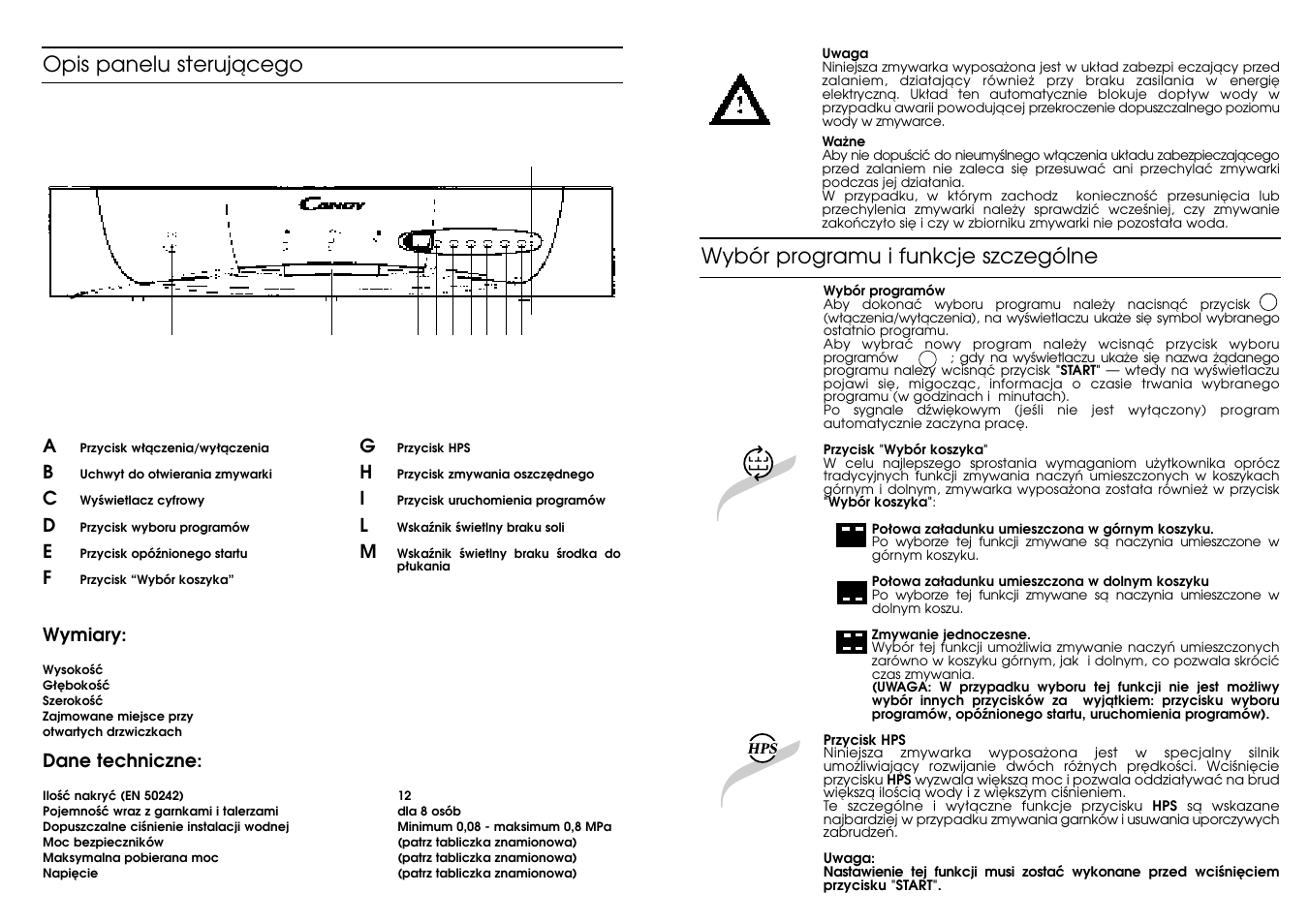 Wybór programu i funkcje szczególne, Opis panelu sterujàcego | Candy CD 801 T User Manual | Page 16 / 33