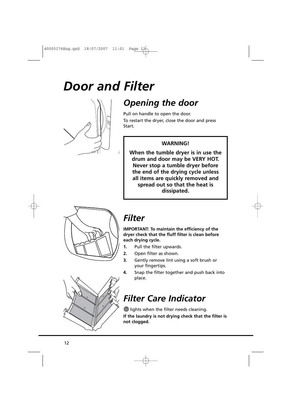 Door and filter, Opening the door, Filter | Filter care indicator | Candy GO DC 38T-88S User Manual | Page 12 / 74