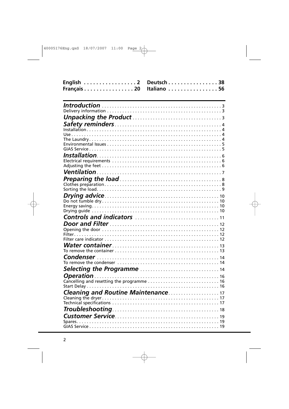 Introduction, Unpacking the product, Safety reminders | Installation, Ventilation, Preparing the load, Drying advice, Controls and indicators, Door and filter, Water container | Candy GO DC 38T-88S User Manual | Page 2 / 74