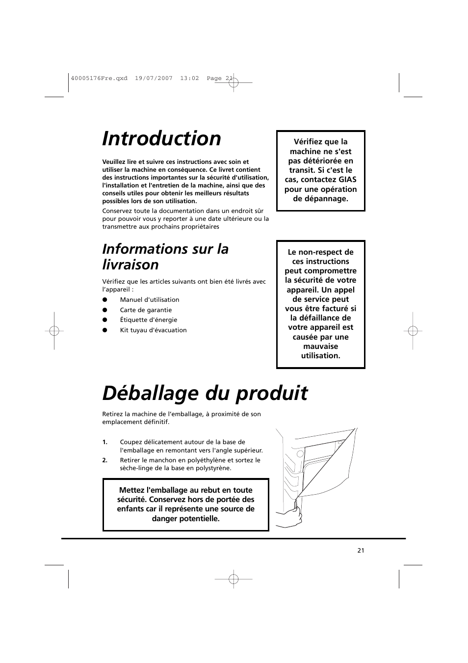 Introduction, Déballage du produit, Informations sur la livraison | Candy GO DC 38T-88S User Manual | Page 21 / 74