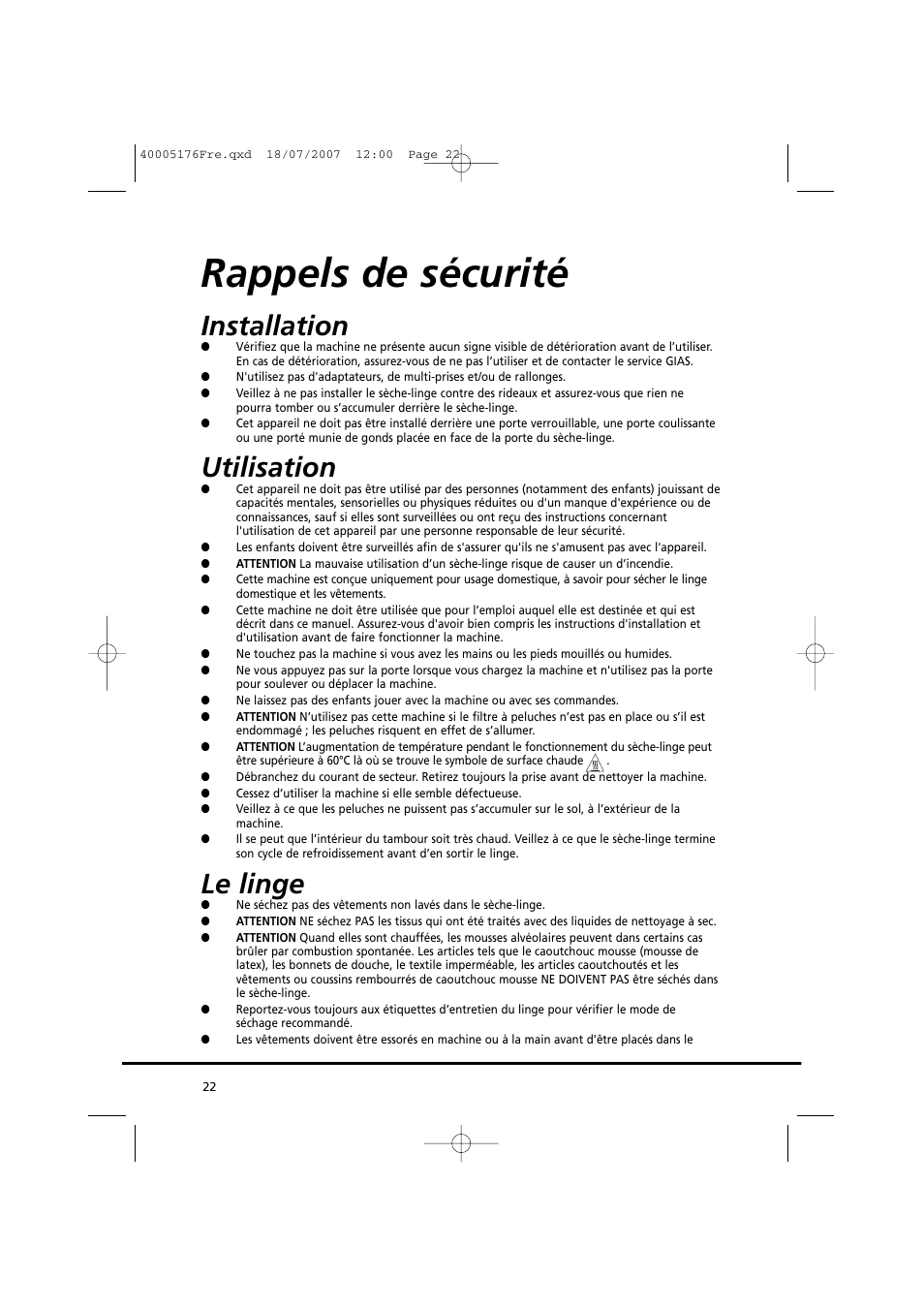 Rappels de sécurité, Installation, Utilisation | Le linge | Candy GO DC 38T-88S User Manual | Page 22 / 74