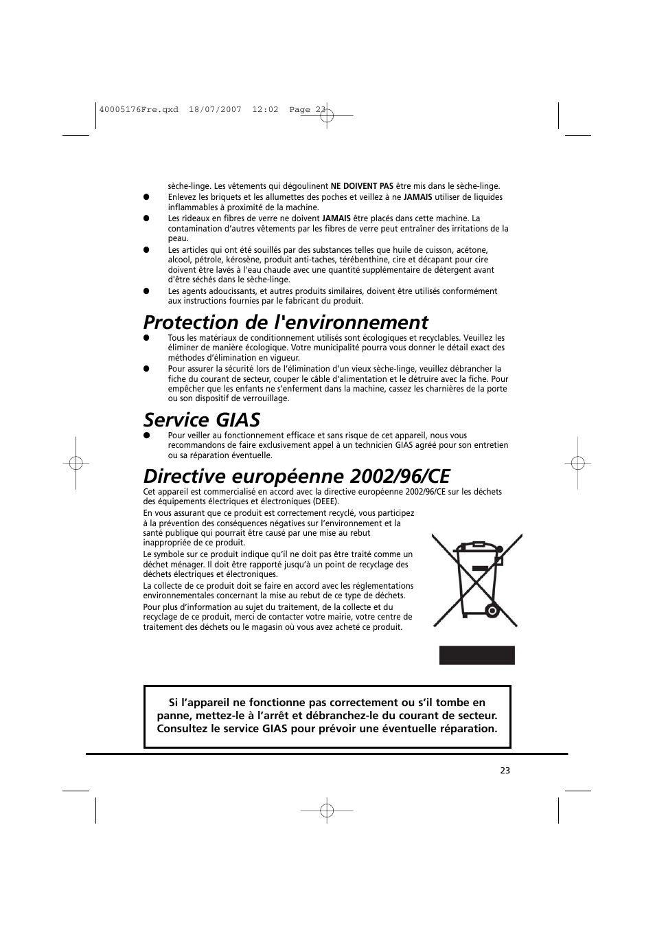 Protection de l'environnement, Service gias | Candy GO DC 38T-88S User Manual | Page 23 / 74