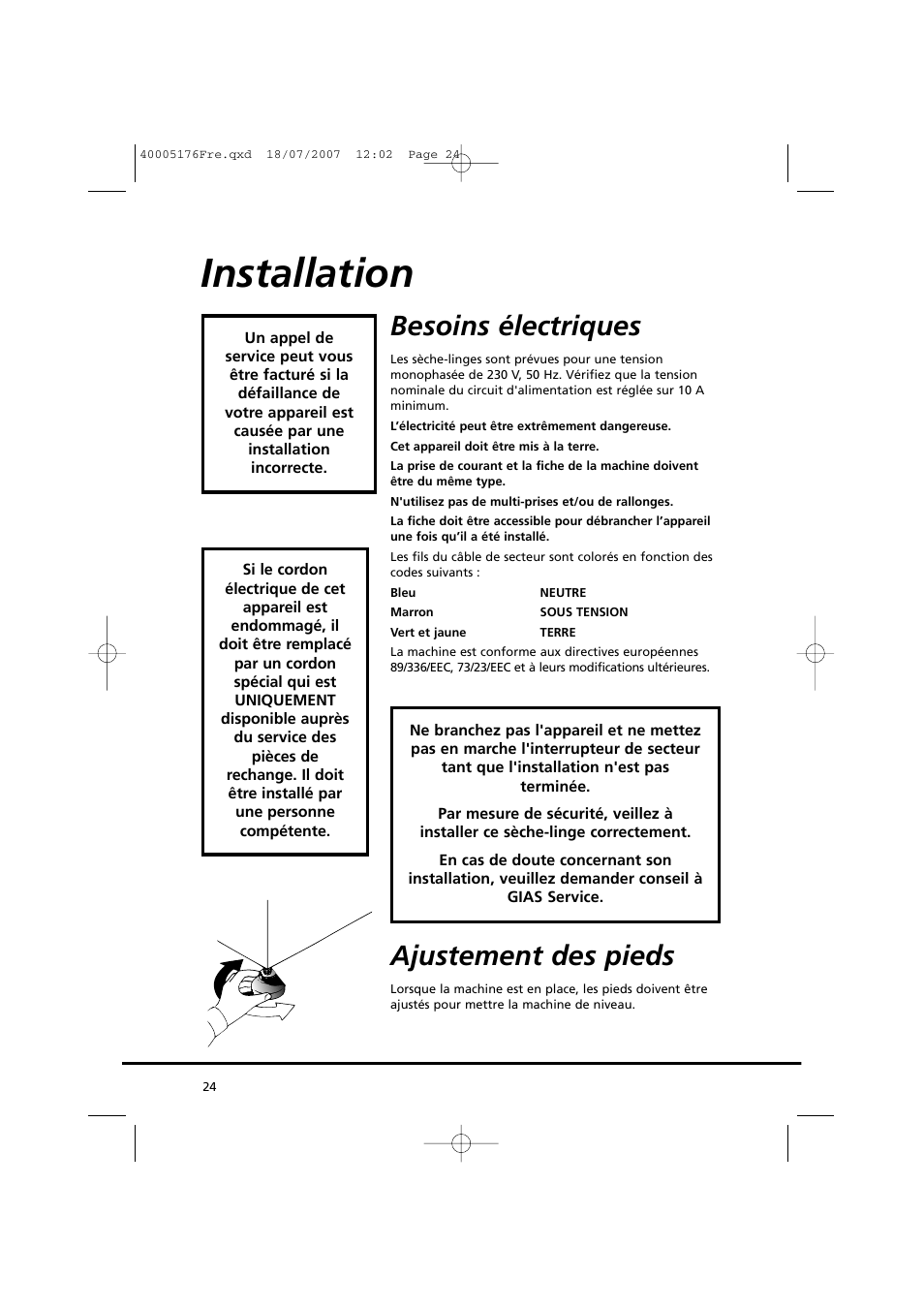 Installation, Besoins électriques, Ajustement des pieds | Candy GO DC 38T-88S User Manual | Page 24 / 74