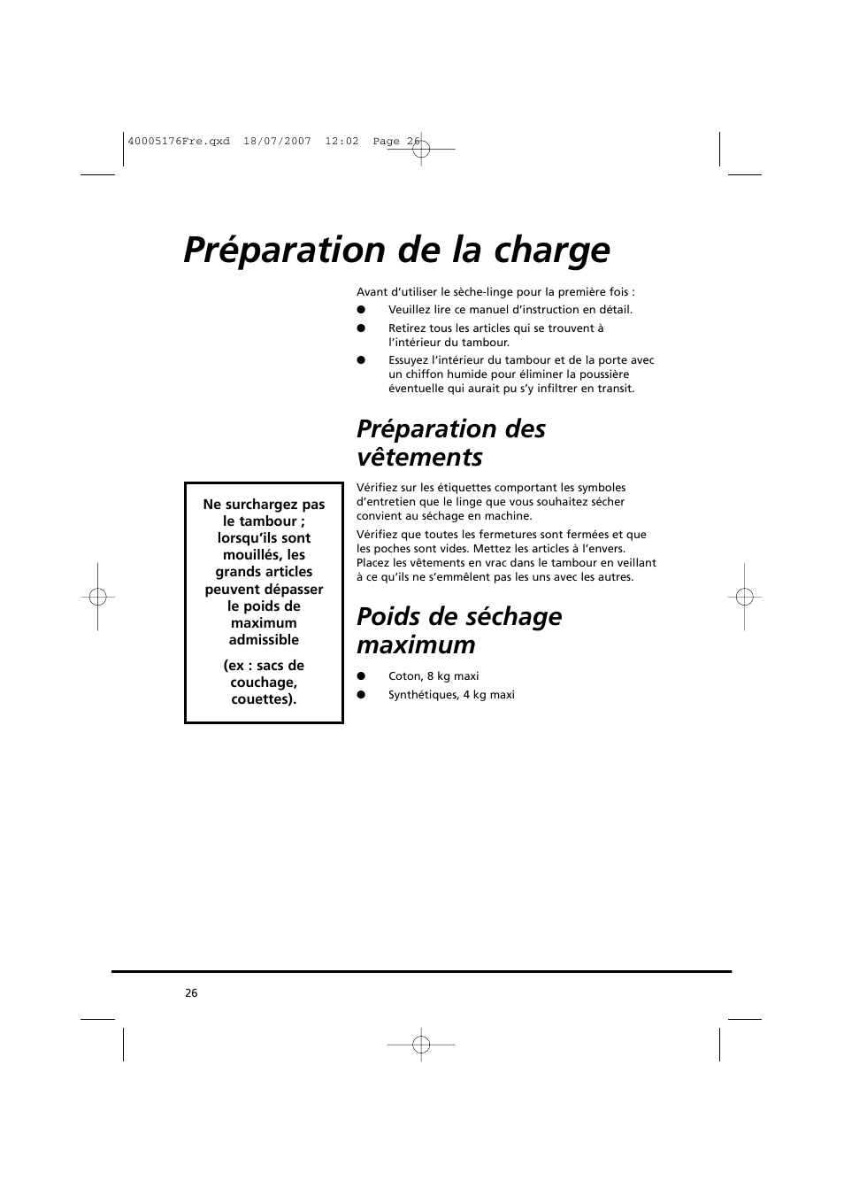 Préparation de la charge, Préparation des vêtements, Poids de séchage maximum | Candy GO DC 38T-88S User Manual | Page 26 / 74