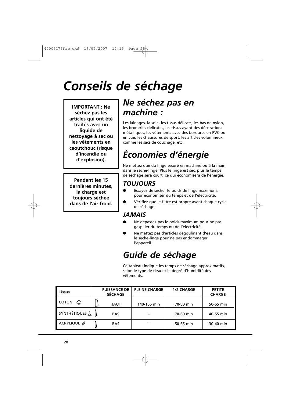 Conseils de séchage, Ne séchez pas en machine, Économies d’énergie | Guide de séchage, Toujours, Jamais | Candy GO DC 38T-88S User Manual | Page 28 / 74