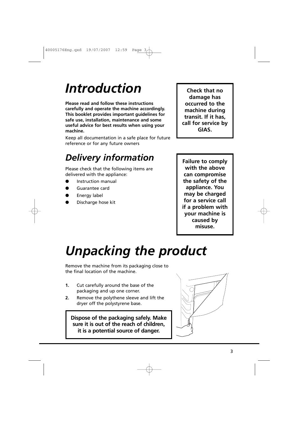 Introduction, Unpacking the product, Delivery information | Candy GO DC 38T-88S User Manual | Page 3 / 74