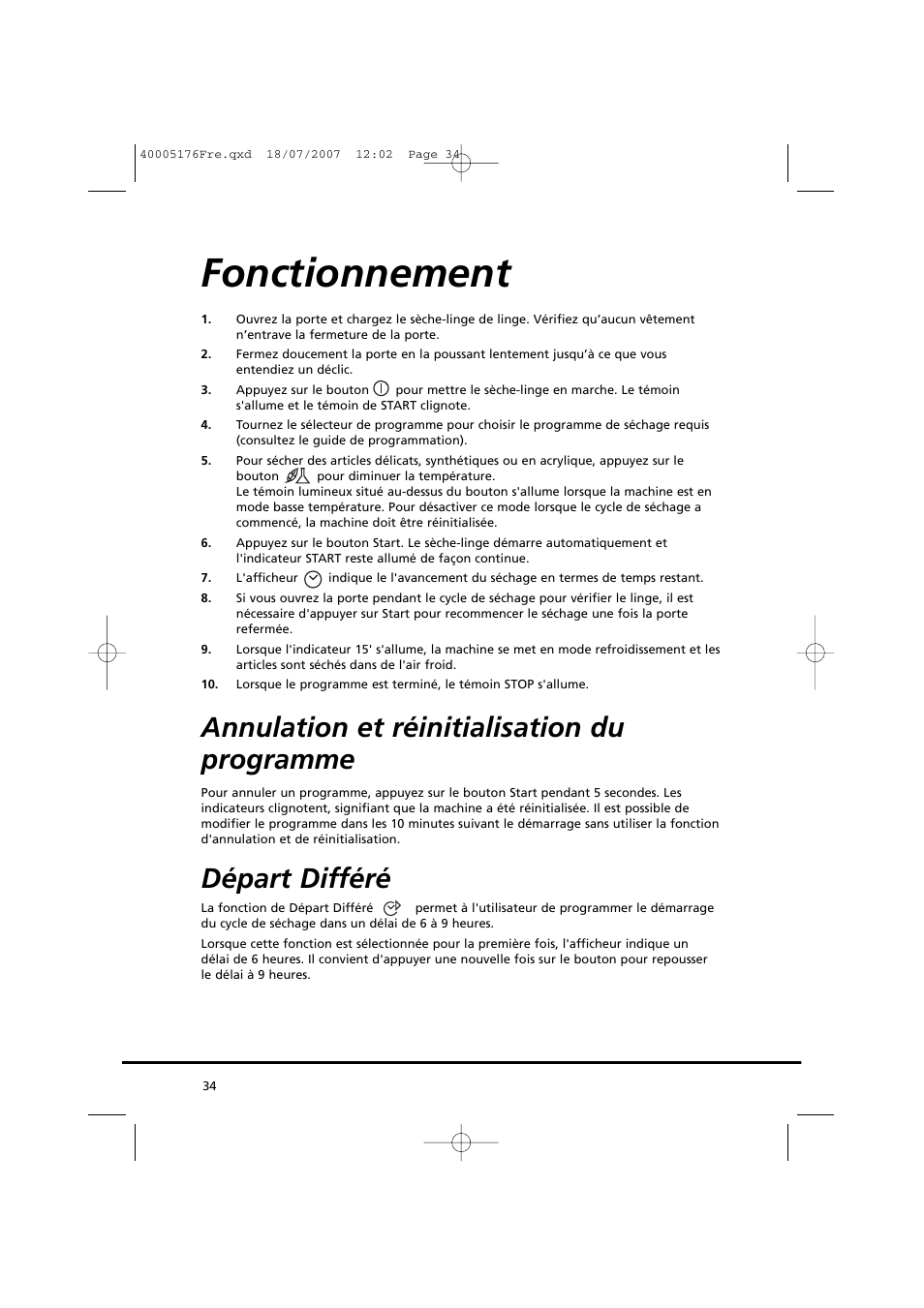 Fonctionnement, Annulation et réinitialisation du programme, Départ différé | Candy GO DC 38T-88S User Manual | Page 34 / 74