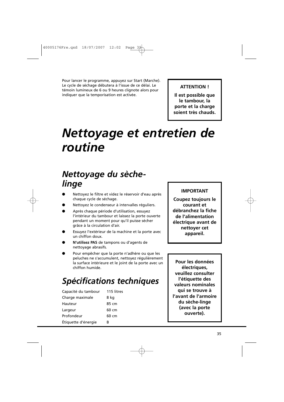 Nettoyage et entretien de routine, Nettoyage du sèche- linge, Spécifications techniques | Candy GO DC 38T-88S User Manual | Page 35 / 74