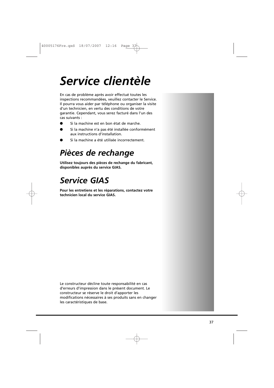 Service clientèle, Pièces de rechange, Service gias | Candy GO DC 38T-88S User Manual | Page 37 / 74
