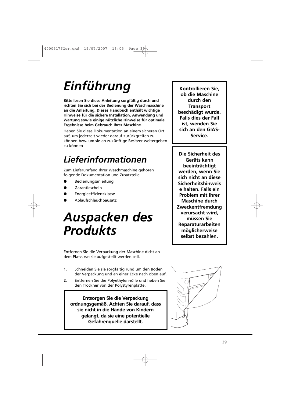 Einführung, Auspacken des produkts, Lieferinformationen | Candy GO DC 38T-88S User Manual | Page 39 / 74