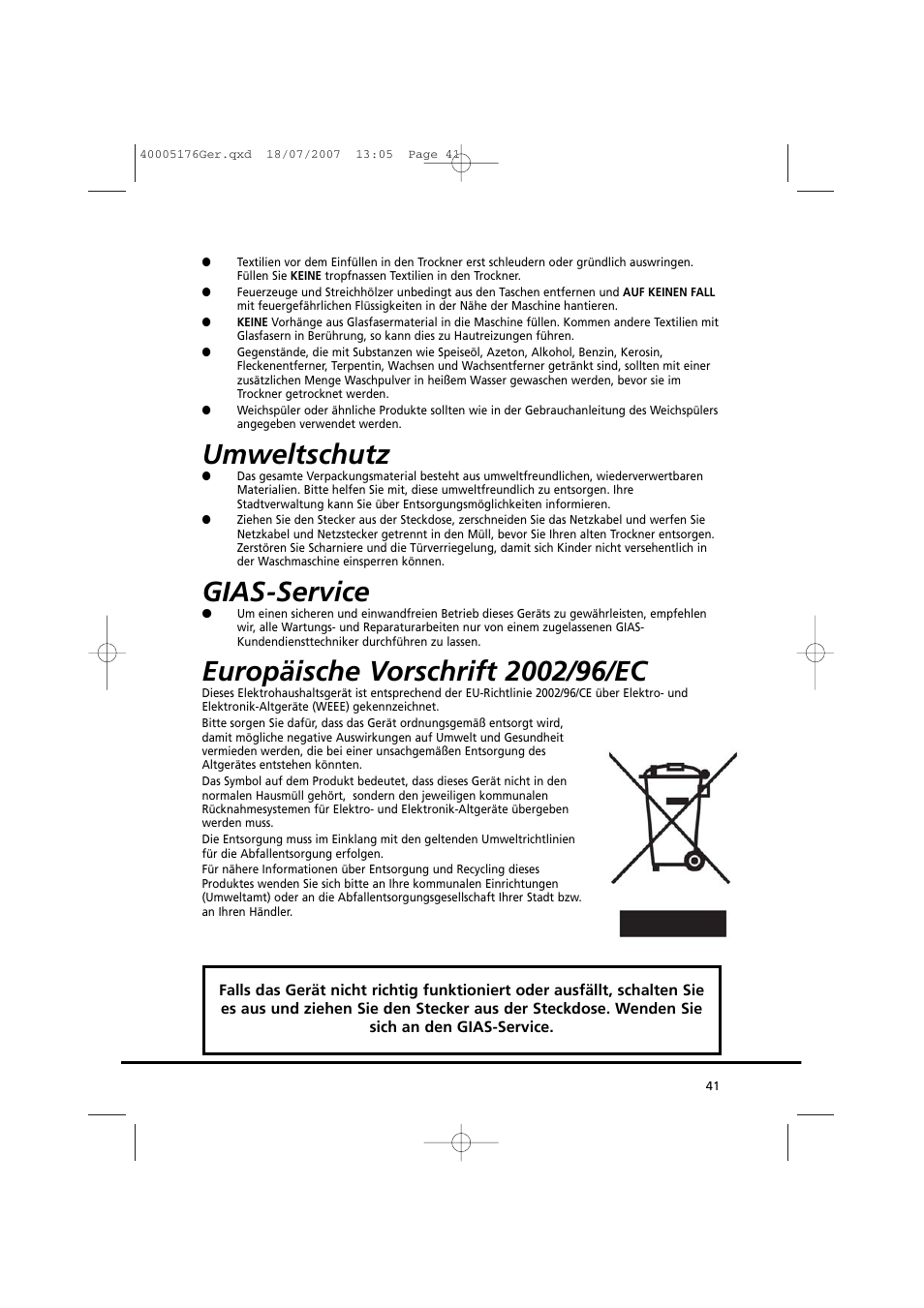 Umweltschutz, Gias-service | Candy GO DC 38T-88S User Manual | Page 41 / 74