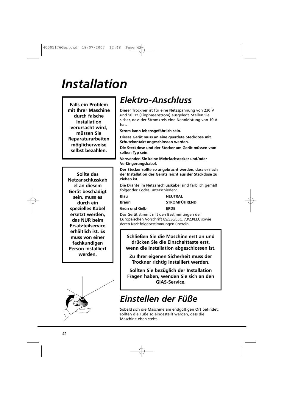 Installation, Elektro-anschluss, Einstellen der füße | Candy GO DC 38T-88S User Manual | Page 42 / 74