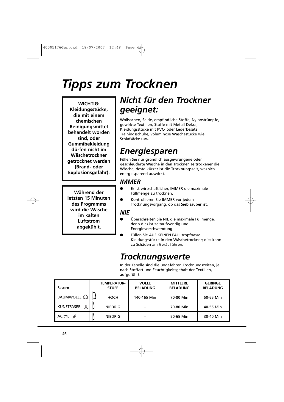 Tipps zum trocknen, Nicht für den trockner geeignet, Energiesparen | Trocknungswerte, Immer | Candy GO DC 38T-88S User Manual | Page 46 / 74