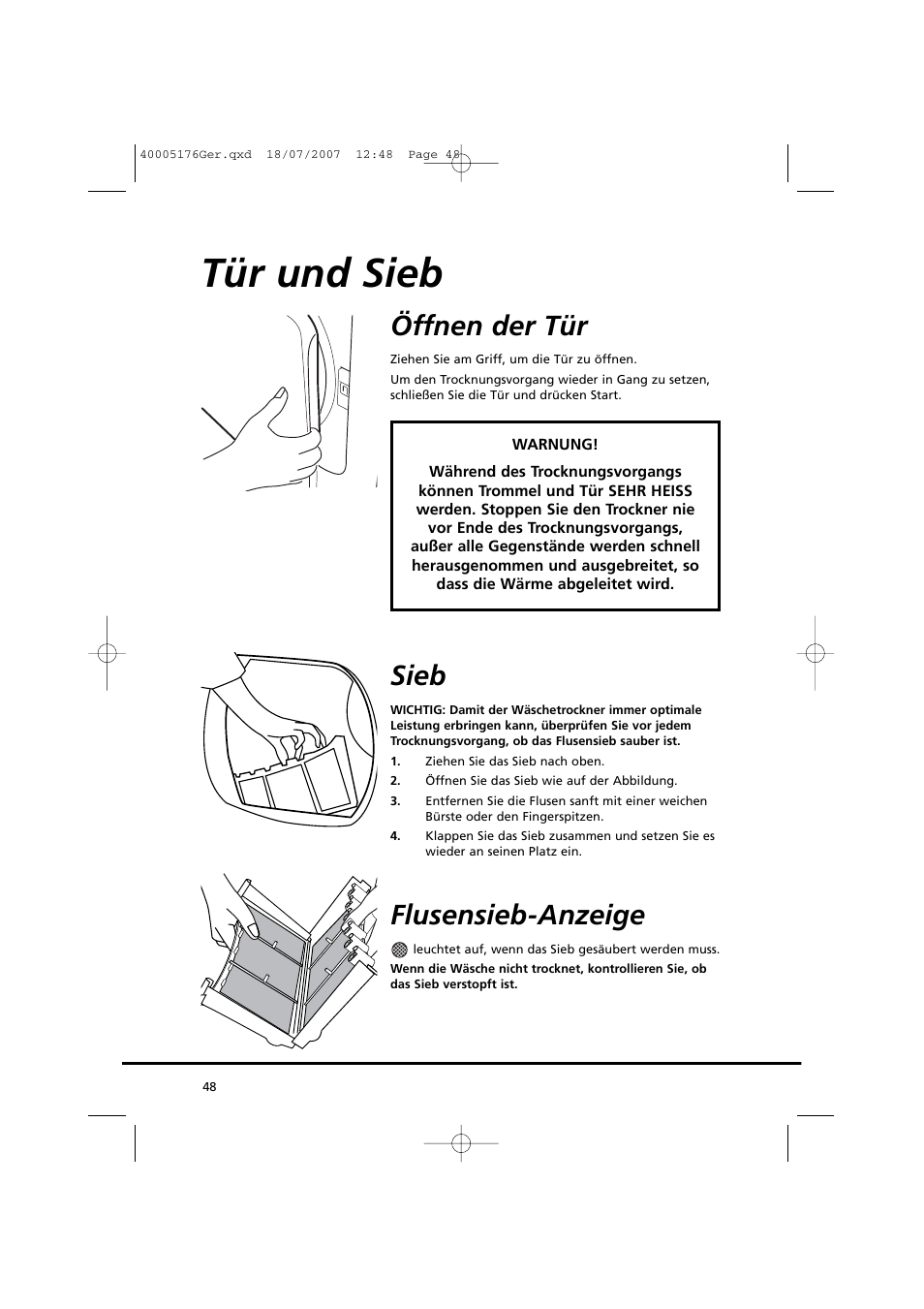 Tür und sieb, Öffnen der tür, Sieb | Flusensieb-anzeige | Candy GO DC 38T-88S User Manual | Page 48 / 74