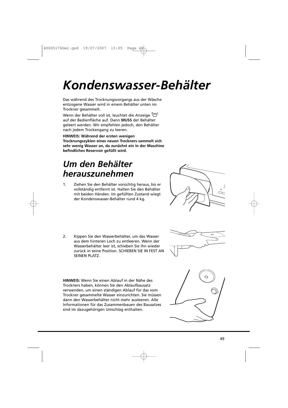 Kondenswasser-behälter, Um den behälter herauszunehmen | Candy GO DC 38T-88S User Manual | Page 49 / 74