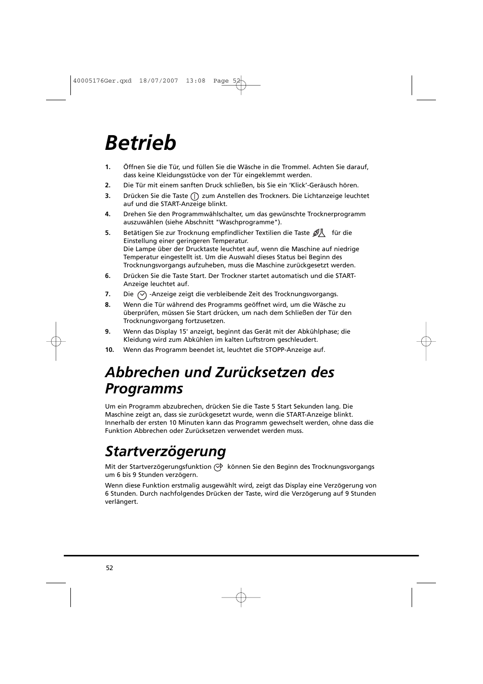 Betrieb, Abbrechen und zurücksetzen des programms, Startverzögerung | Candy GO DC 38T-88S User Manual | Page 52 / 74