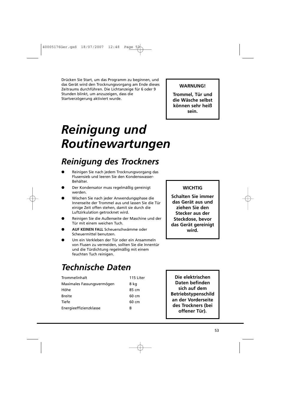 Reinigung und routinewartungen, Reinigung des trockners, Technische daten | Candy GO DC 38T-88S User Manual | Page 53 / 74
