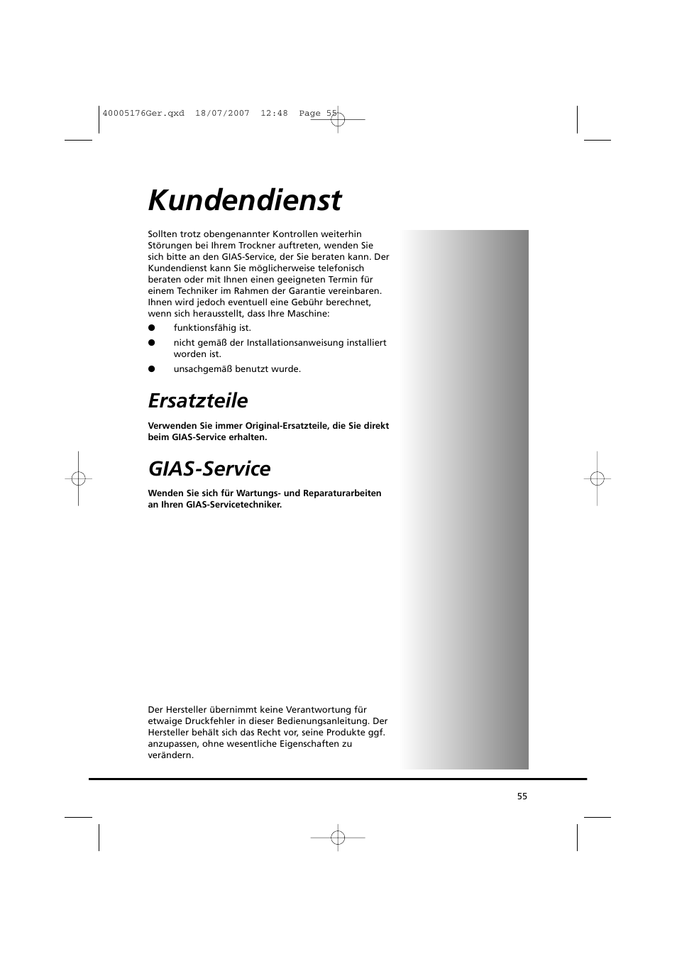 Kundendienst, Ersatzteile, Gias-service | Candy GO DC 38T-88S User Manual | Page 55 / 74