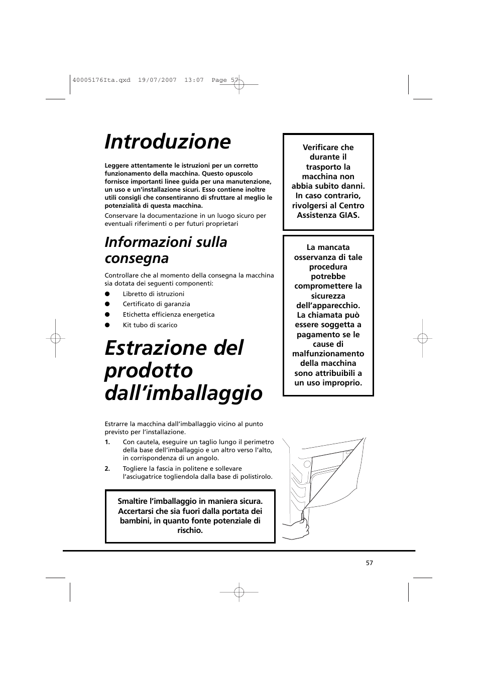 Introduzione, Estrazione del prodotto dall’imballaggio, Informazioni sulla consegna | Candy GO DC 38T-88S User Manual | Page 57 / 74