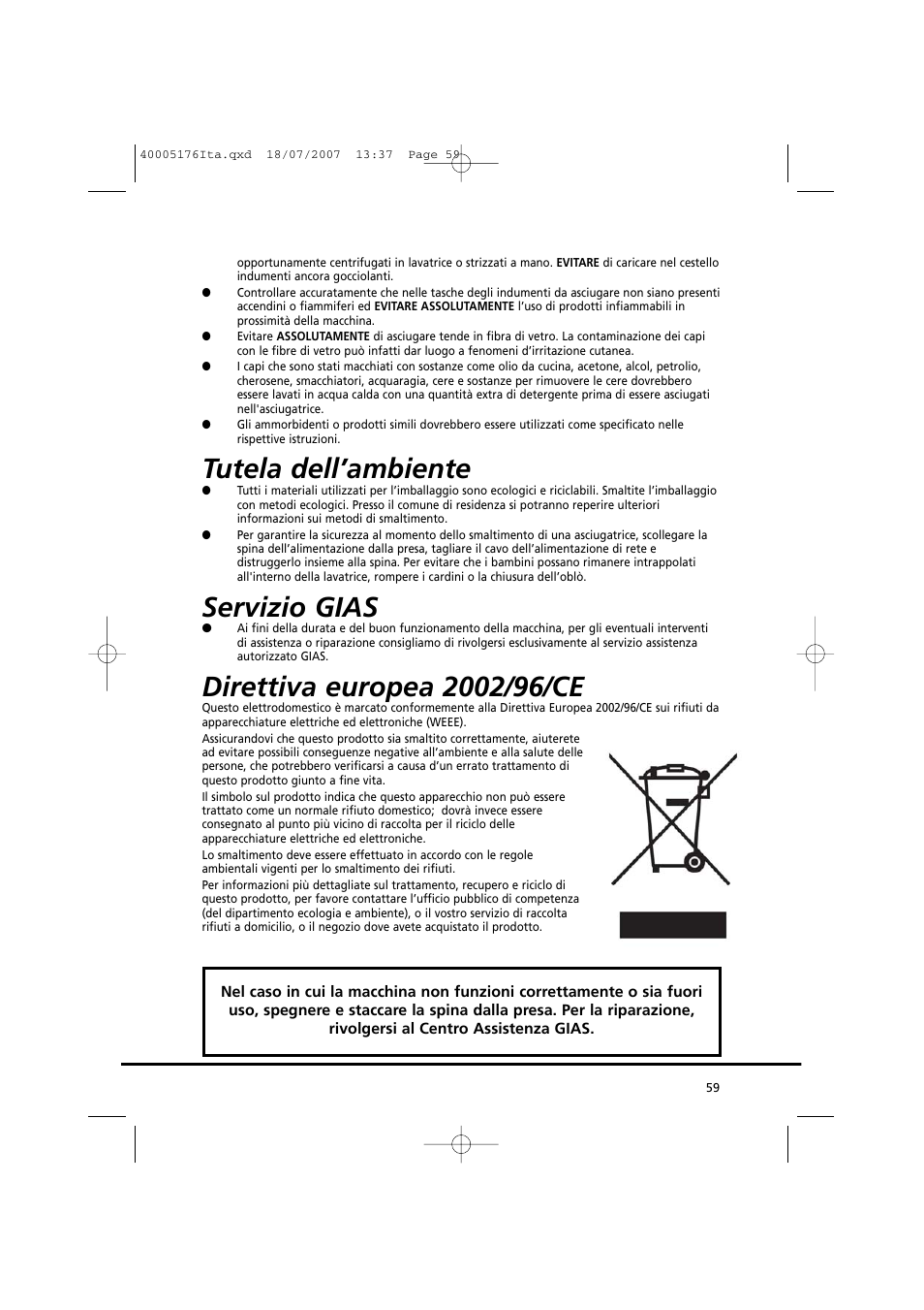 Tutela dell’ambiente, Servizio gias | Candy GO DC 38T-88S User Manual | Page 59 / 74