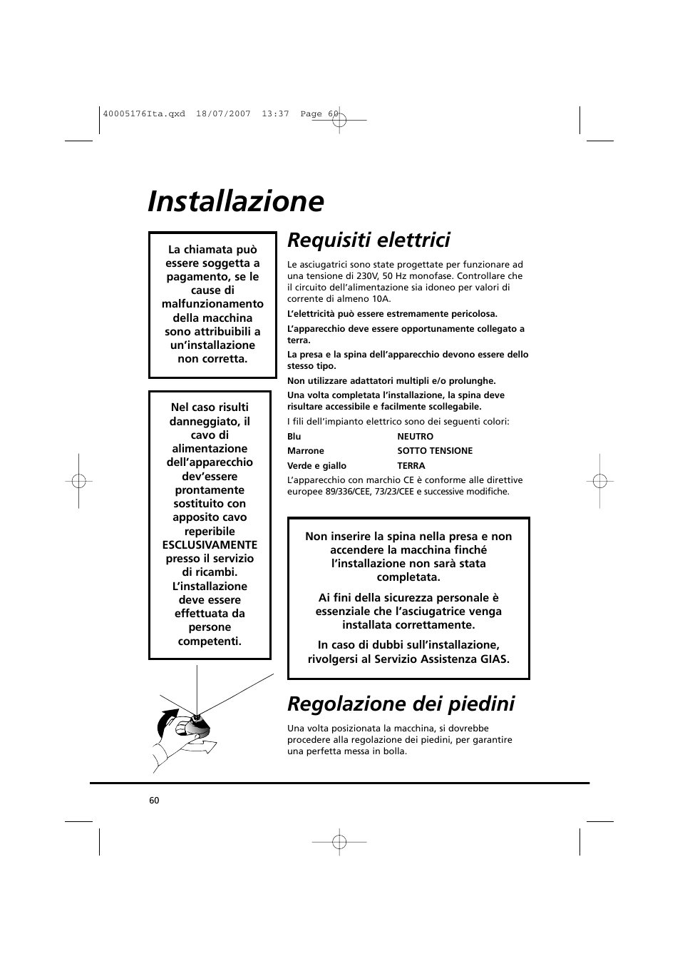 Installazione, Requisiti elettrici, Regolazione dei piedini | Candy GO DC 38T-88S User Manual | Page 60 / 74