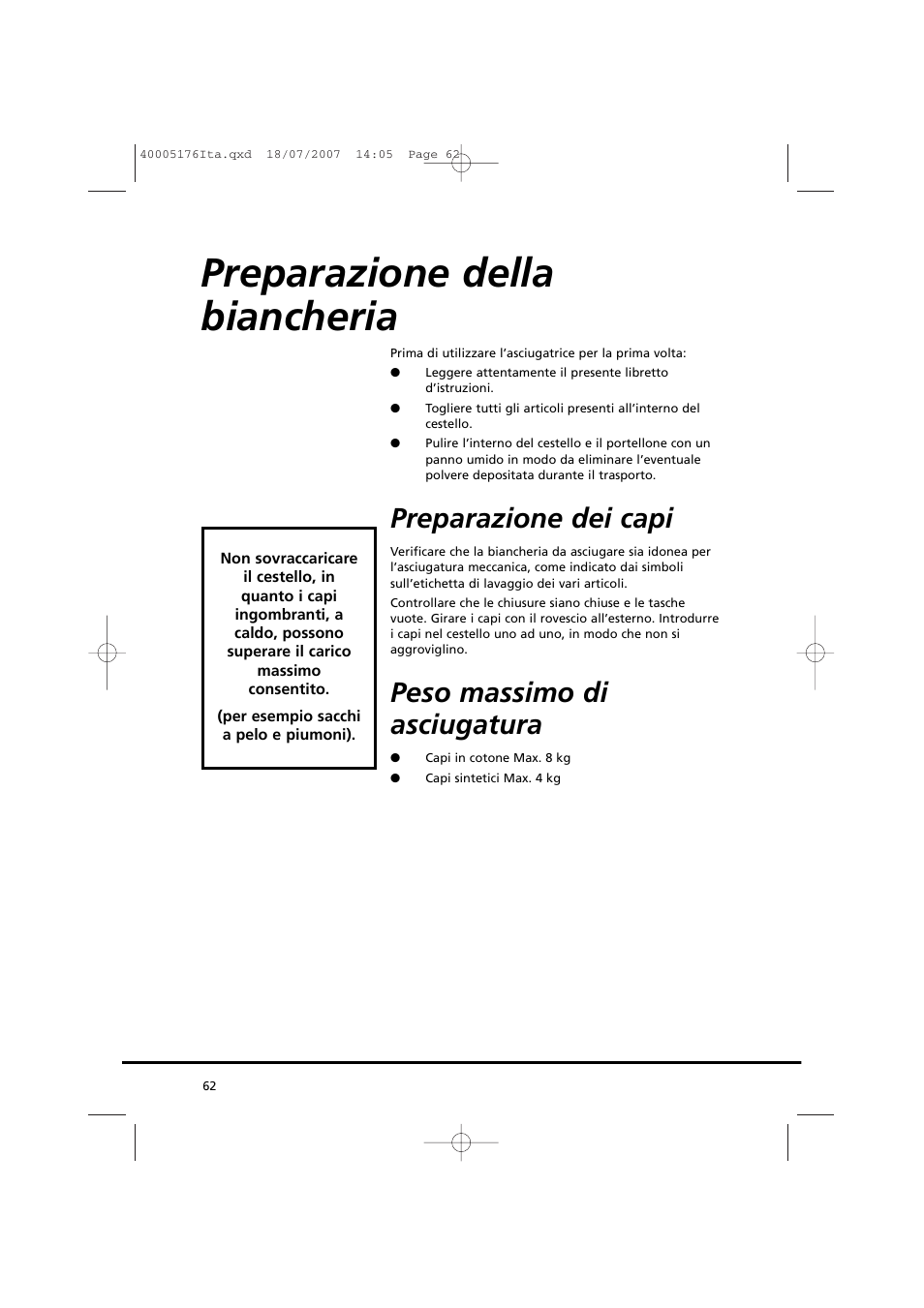 Preparazione della biancheria, Preparazione dei capi, Peso massimo di asciugatura | Candy GO DC 38T-88S User Manual | Page 62 / 74
