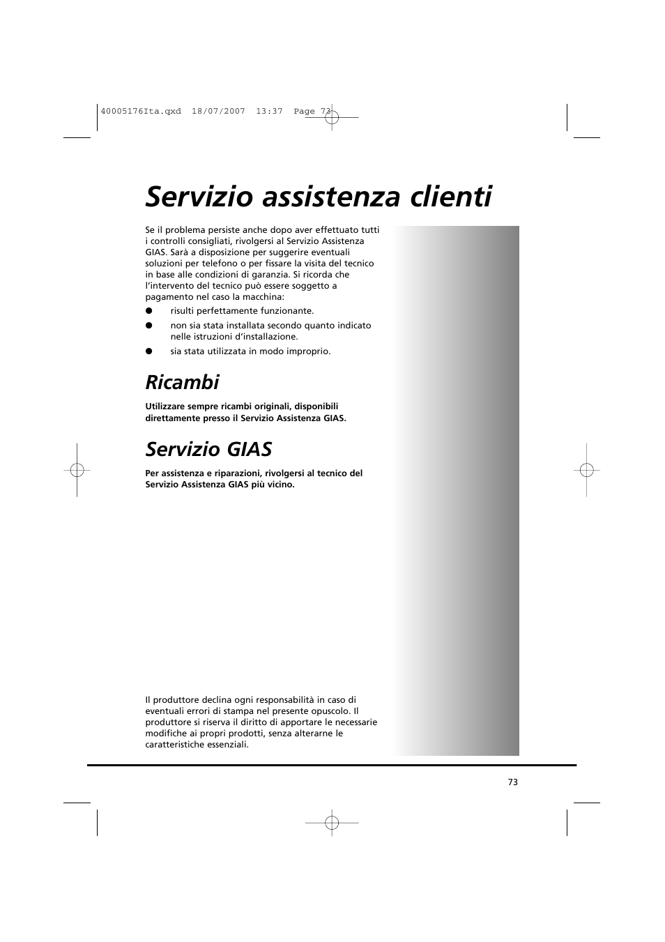 Servizio assistenza clienti, Ricambi, Servizio gias | Candy GO DC 38T-88S User Manual | Page 73 / 74