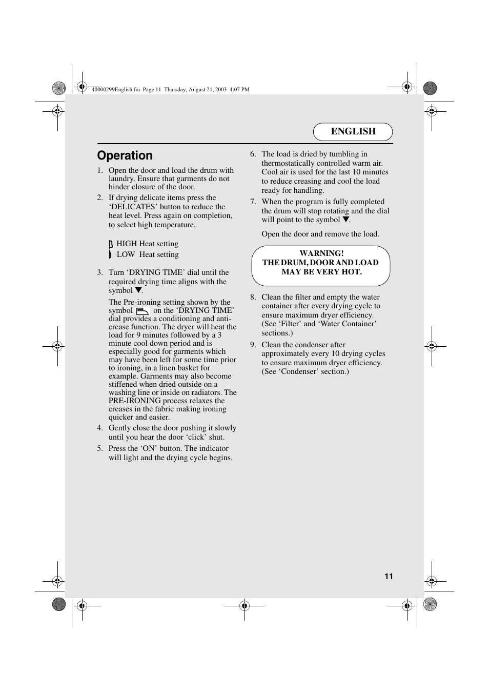 Operation, English | Candy AB CDC 266 X CH User Manual | Page 11 / 48