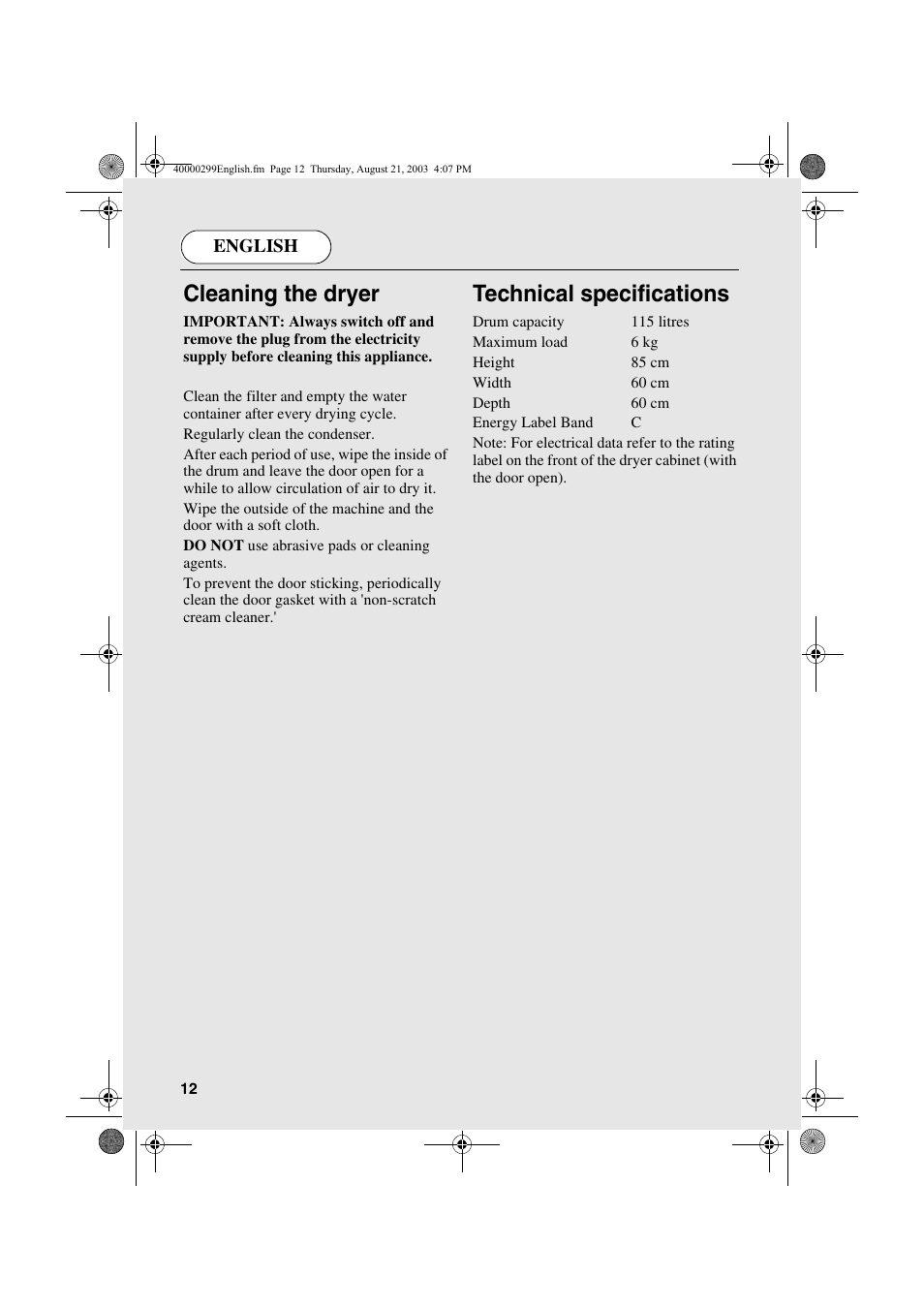 Cleaning the dryer, Technical specifications | Candy AB CDC 266 X CH User Manual | Page 12 / 48