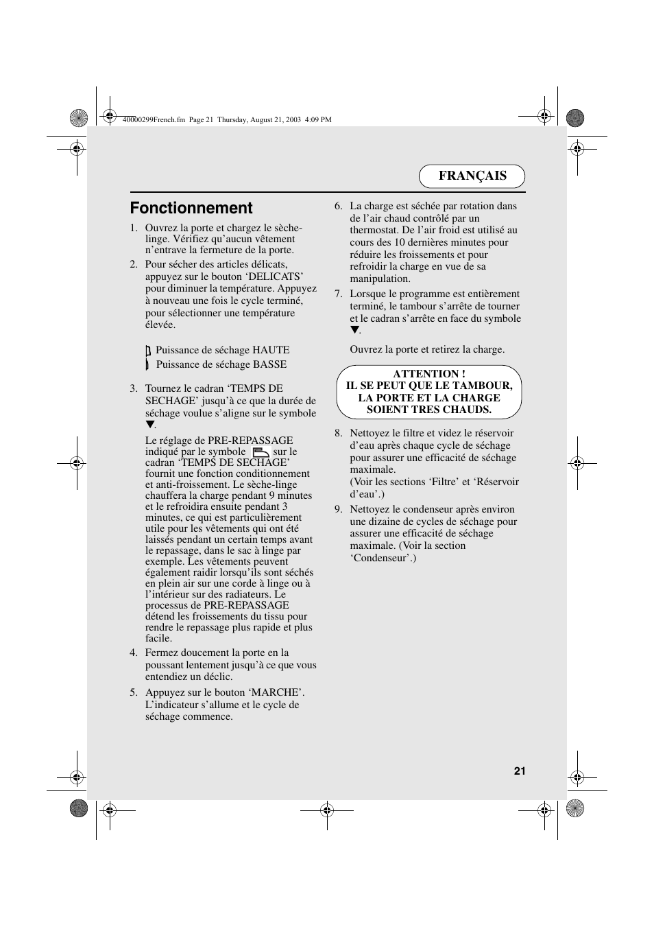 Fonctionnement, Français | Candy AB CDC 266 X CH User Manual | Page 21 / 48