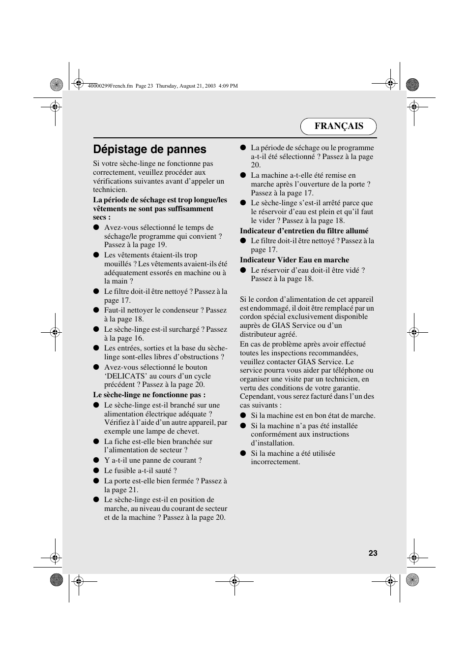 Dépistage de pannes, Français | Candy AB CDC 266 X CH User Manual | Page 23 / 48