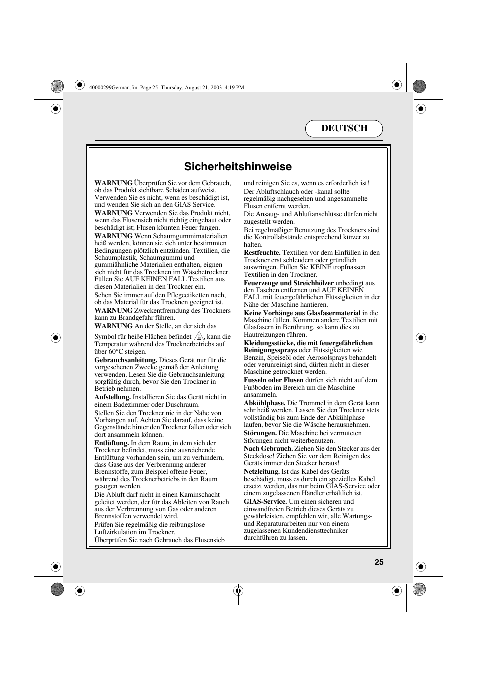 Sicherheitshinweise, Deutsch | Candy AB CDC 266 X CH User Manual | Page 25 / 48