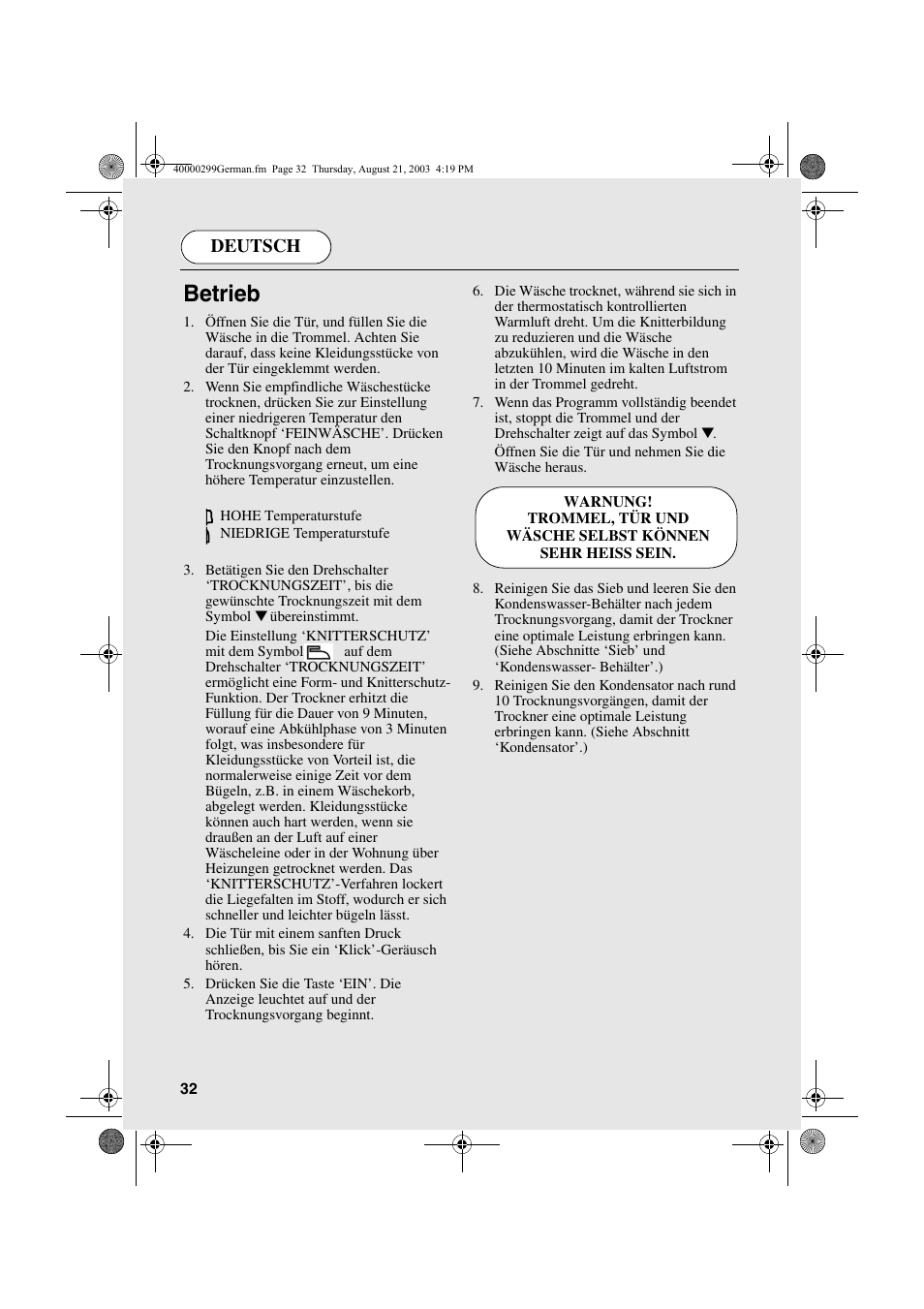 Betrieb, Deutsch | Candy AB CDC 266 X CH User Manual | Page 32 / 48