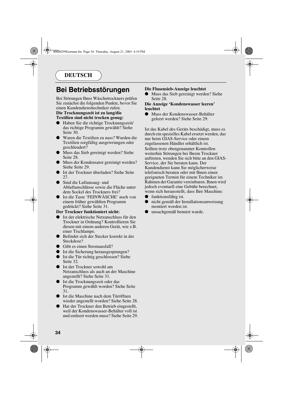 Bei betriebsstörungen, Deutsch | Candy AB CDC 266 X CH User Manual | Page 34 / 48