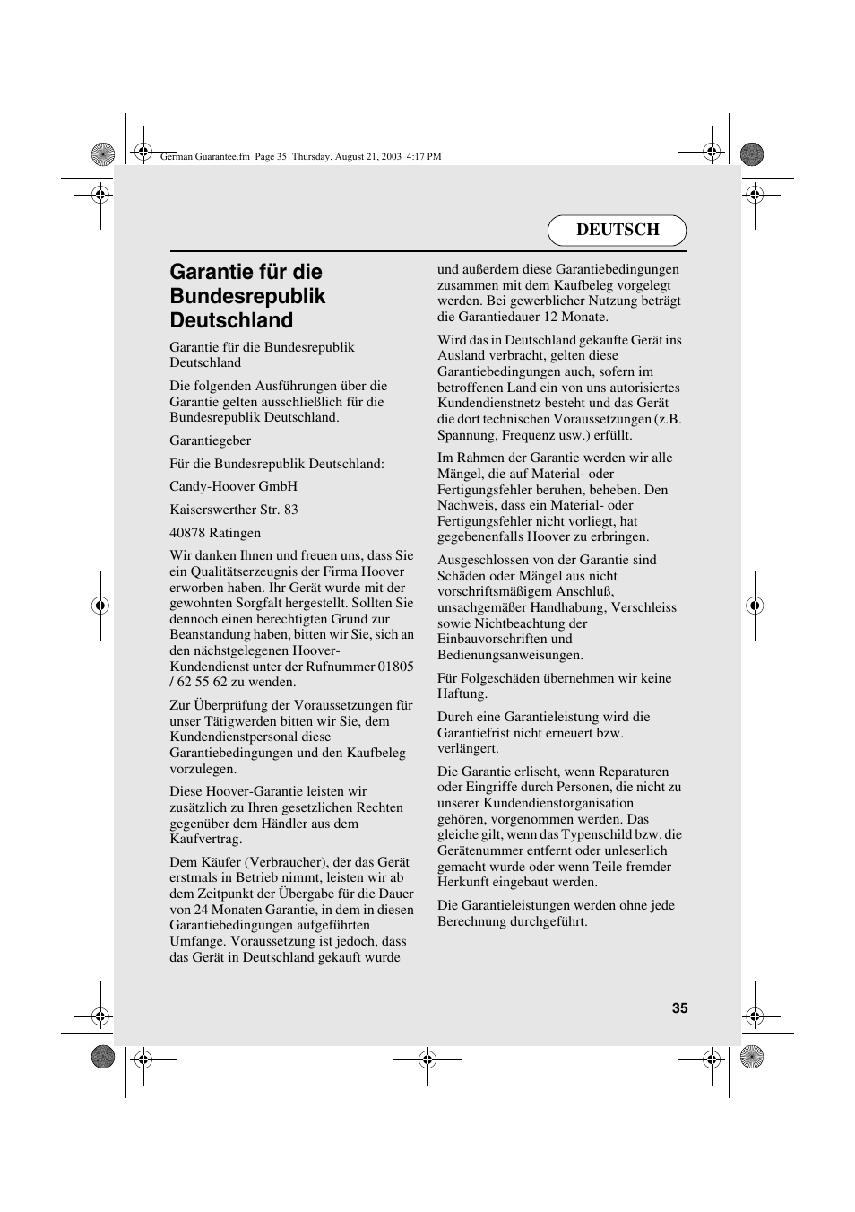 Garantie für die bundesrepublik deutschland, Deutsch | Candy AB CDC 266 X CH User Manual | Page 35 / 48