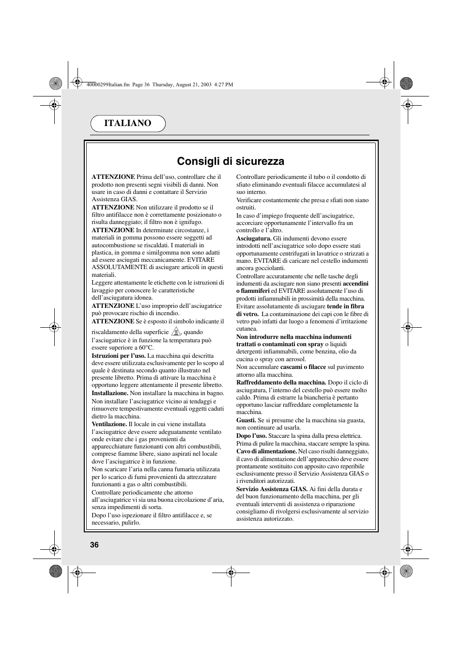 Consigli di sicurezza, Italiano | Candy AB CDC 266 X CH User Manual | Page 36 / 48