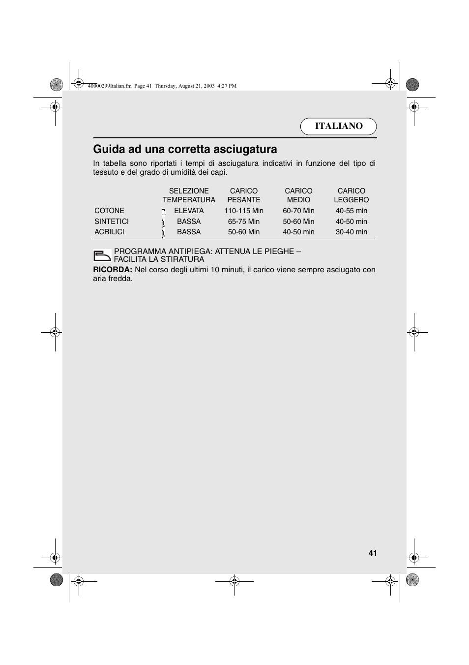 Guida ad una corretta asciugatura, Italiano | Candy AB CDC 266 X CH User Manual | Page 41 / 48