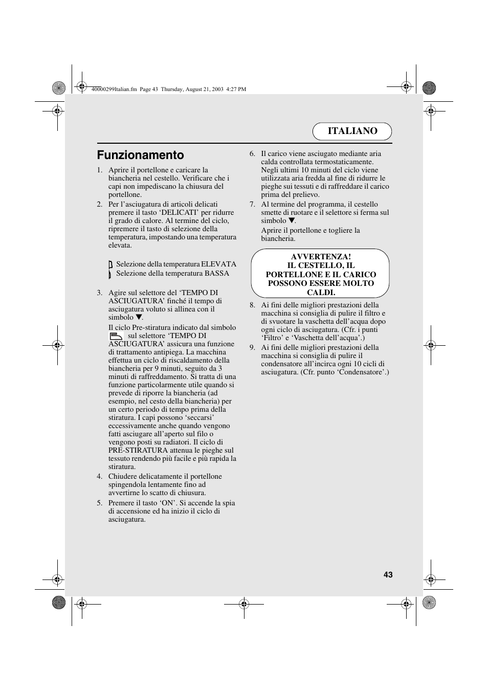 Funzionamento, Italiano | Candy AB CDC 266 X CH User Manual | Page 43 / 48