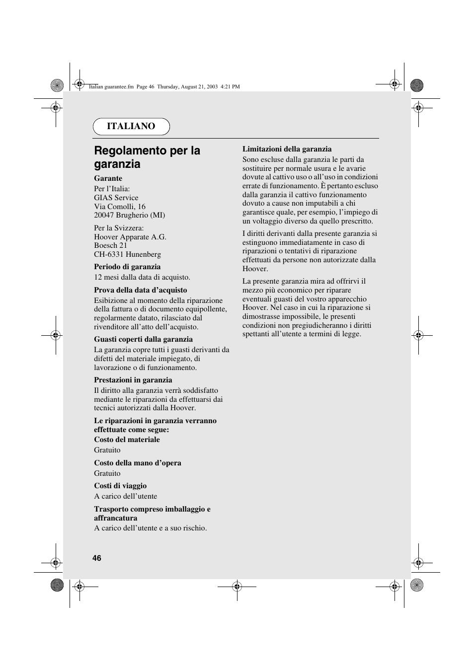 Regolamento per la garanzia, Italiano | Candy AB CDC 266 X CH User Manual | Page 46 / 48