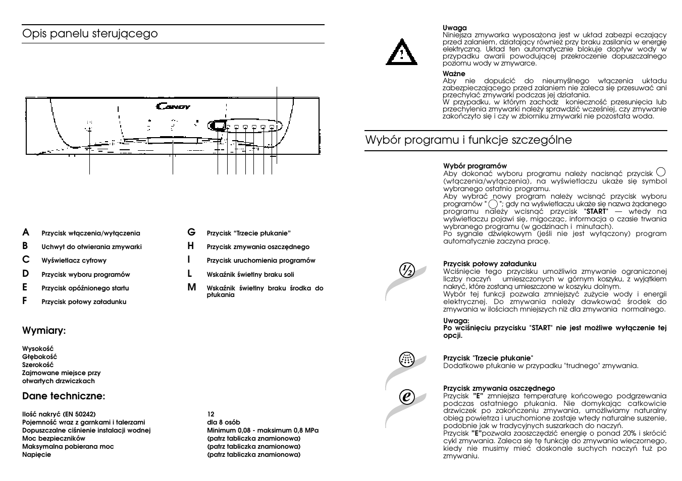 Wybór programu i funkcje szczególne, Opis panelu sterujàcego | Candy CD 702 T User Manual | Page 16 / 33