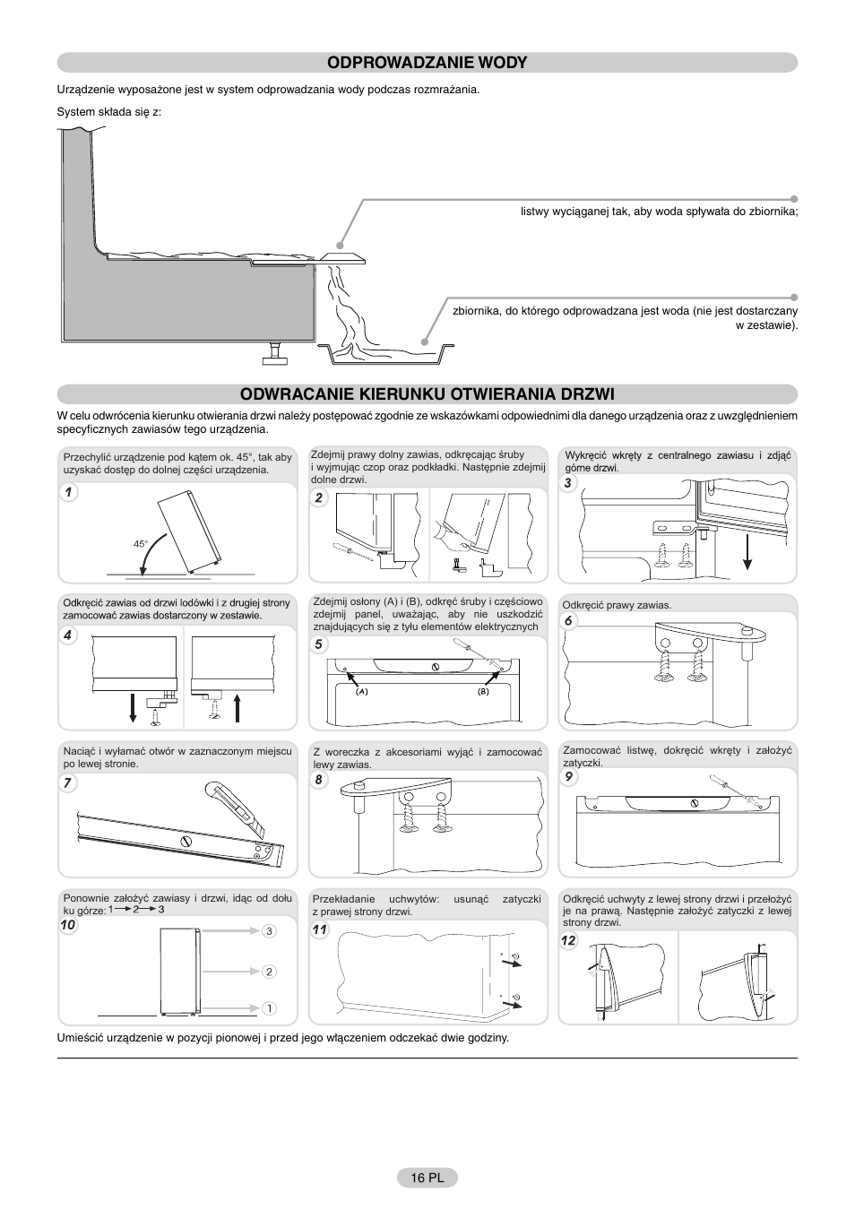 Odprowadzanie wody, Odwracanie kierunku otwierania drzwi | Candy FR CFM 3660 E User Manual | Page 17 / 32