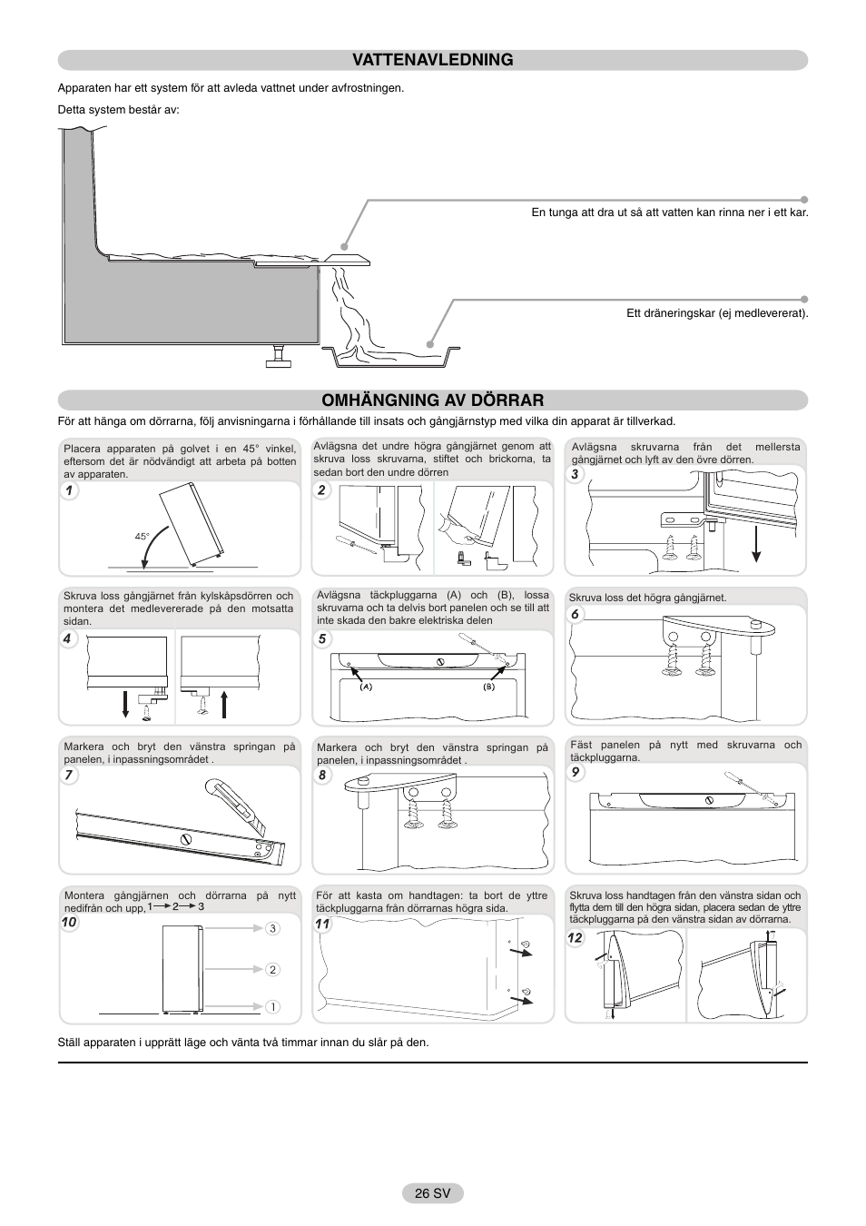 Vattenavledning, Omhängning av dörrar | Candy FR CFM 3660 E User Manual | Page 27 / 32