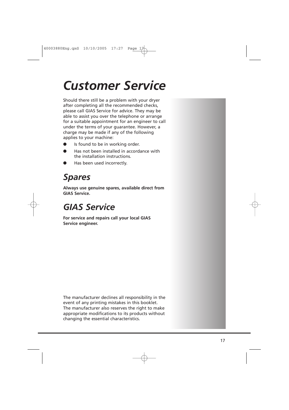 Customer service, Spares, Gias service | Candy AB CV1 66-37 User Manual | Page 17 / 36