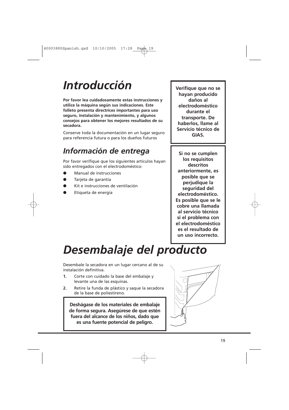 Introducción, Desembalaje del producto, Información de entrega | Candy AB CV1 66-37 User Manual | Page 19 / 36