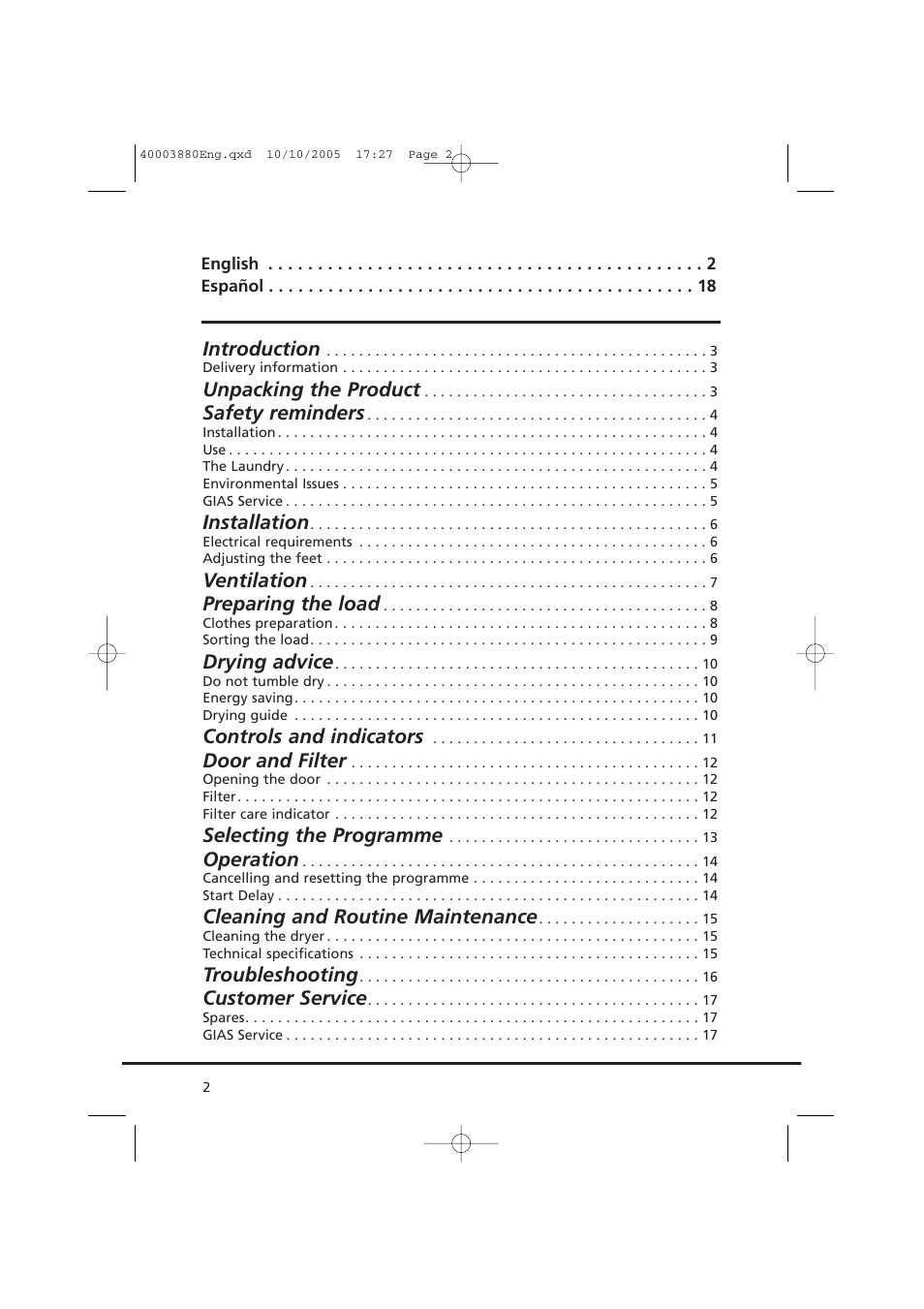 Introduction, Unpacking the product, Safety reminders | Installation, Ventilation, Preparing the load, Drying advice, Controls and indicators, Door and filter, Selecting the programme | Candy AB CV1 66-37 User Manual | Page 2 / 36